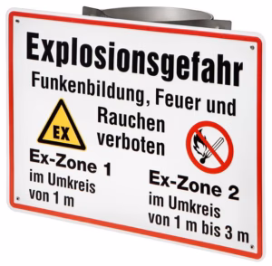 Panneaux d'avertissement Ex zone 1+2 simples sur plaques inox BIOGASKONTOR DN 150