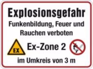 Panneau d'avertissement « Zone Ex 2 — 3 m » BIOGASKONTOR avec support sur pied