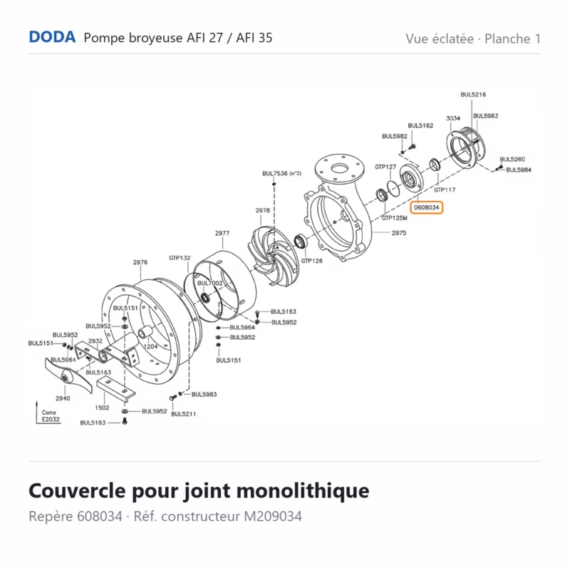Couvercle pour joint monolithique Doda – M209034 Vue éclatée Doda – Couvercle pour joint monolithique Doda – M209034 (repère 0608034/608034)