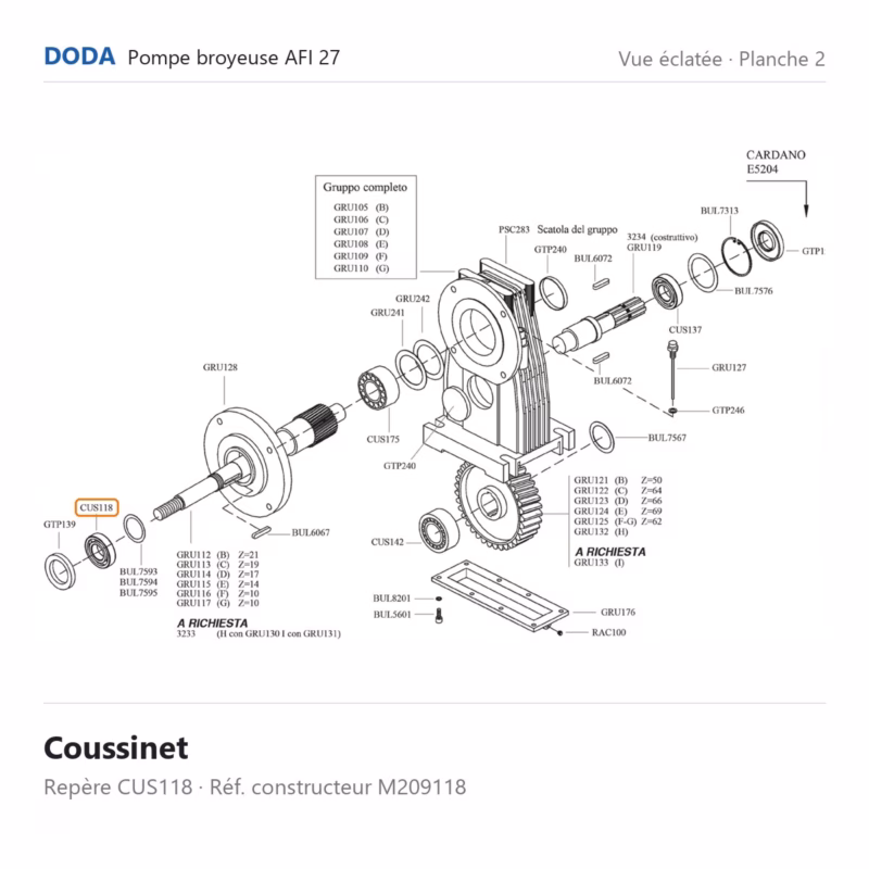 Vue éclatée Doda – Coussinet Doda – M209118 (repère CUS118)