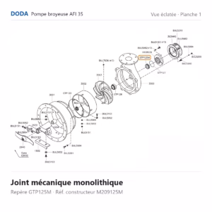 Vue éclatée Doda – Joint mécanique monolithique Doda – M209125M (repère GTP125M)