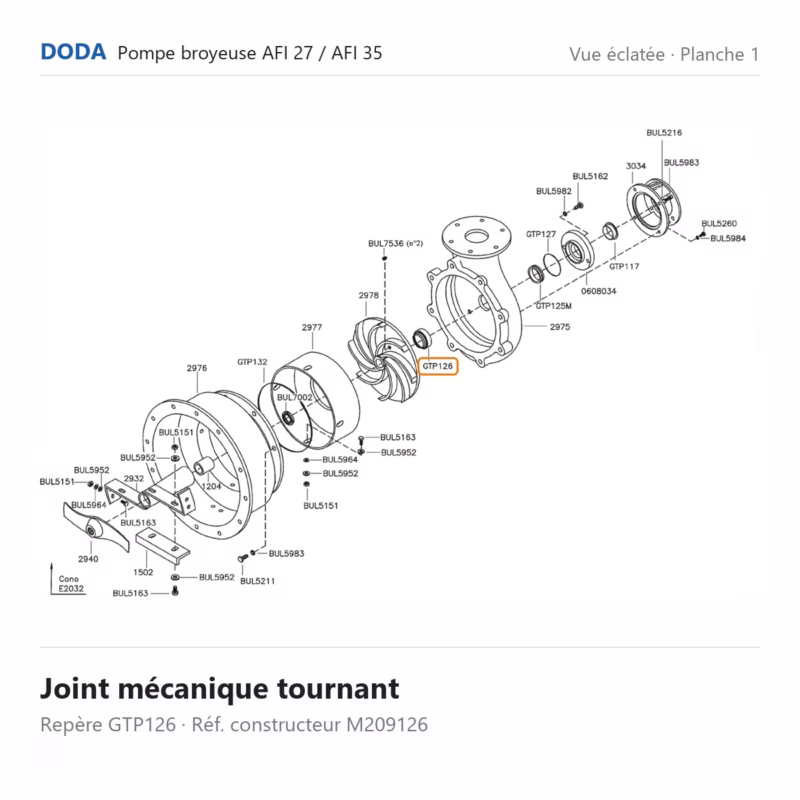 Joint mécanique tournant Doda – M209126 Vue éclatée Doda – Joint mécanique tournant Doda – M209126 (repère GTP126)