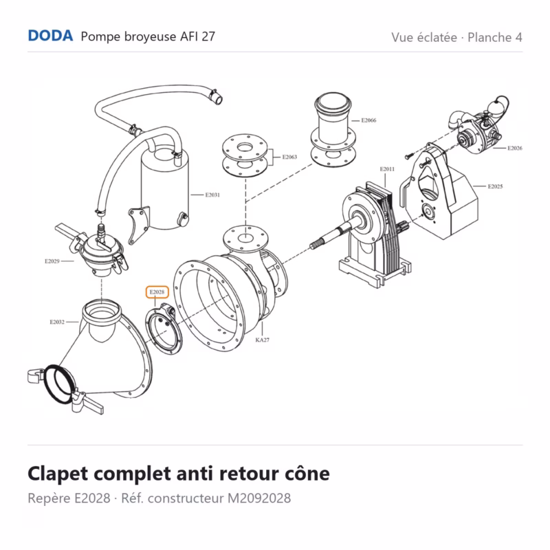 Clapet complet anti retour cône Doda – M2092028 Vue éclatée Doda – Clapet complet anti retour cône Doda – M2092028 (repère E2028)