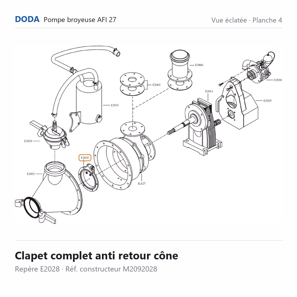 Vue éclatée Doda – Clapet complet anti retour cône Doda – M2092028 (repère E2028)