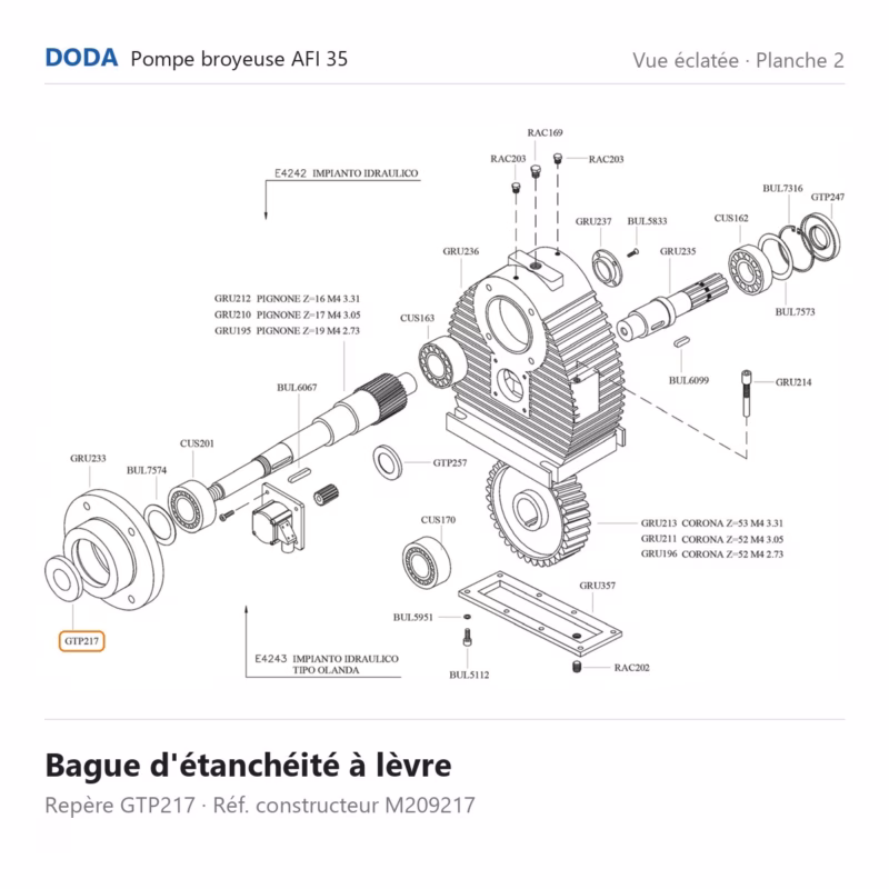 Bague d'étanchéité à lèvre Doda – M209217 Vue éclatée Doda – Bague d'étanchéité à lèvre Doda – M209217 (repère GTP217)