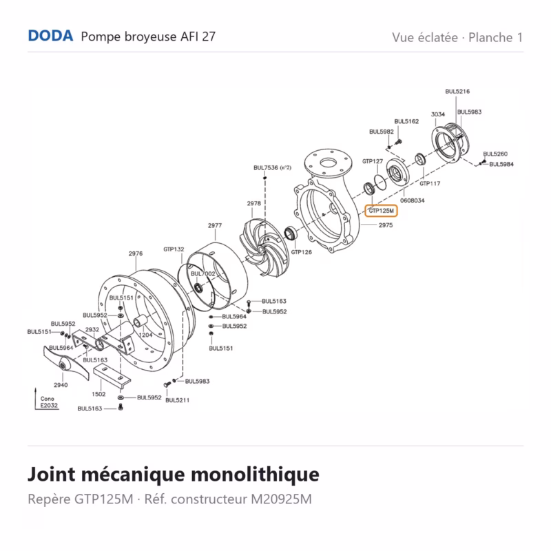 Vue éclatée Doda – Joint mécanique monolithique Doda – M20925M (repère GTP125M)