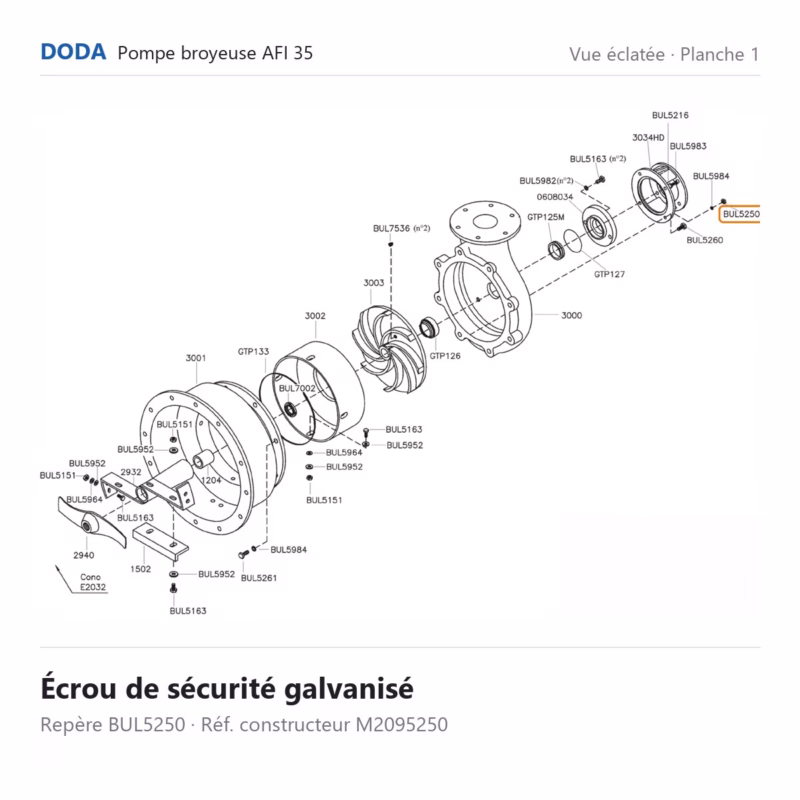 Écrou de sécurité galvanisé Doda – M2095250 Vue éclatée Doda – Écrou de sécurité galvanisé Doda – M2095250 (repère BUL5250)