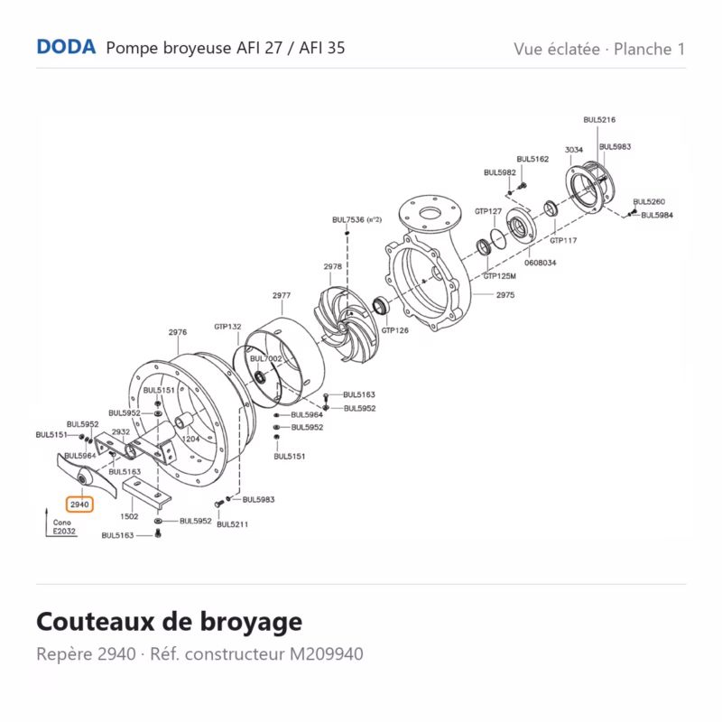 Couteaux de broyage Doda – M209940 Vue éclatée Doda – Couteaux de broyage Doda – M209940 (repère 2940)
