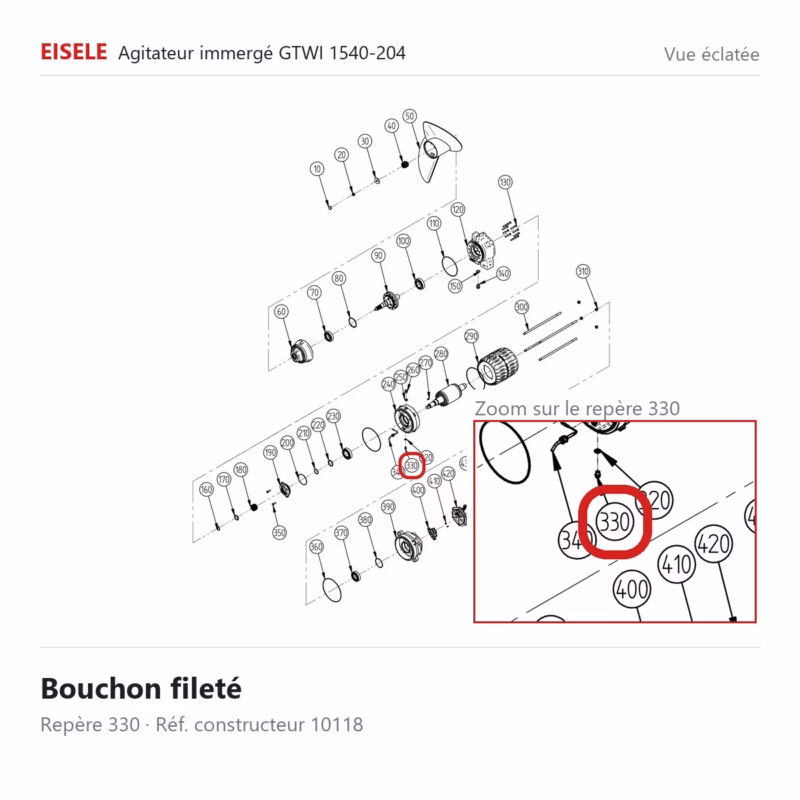 Vue éclatée Eisele Biogaz – Bouchon fileté Eisele Biogaz – 10118 (repère 330)