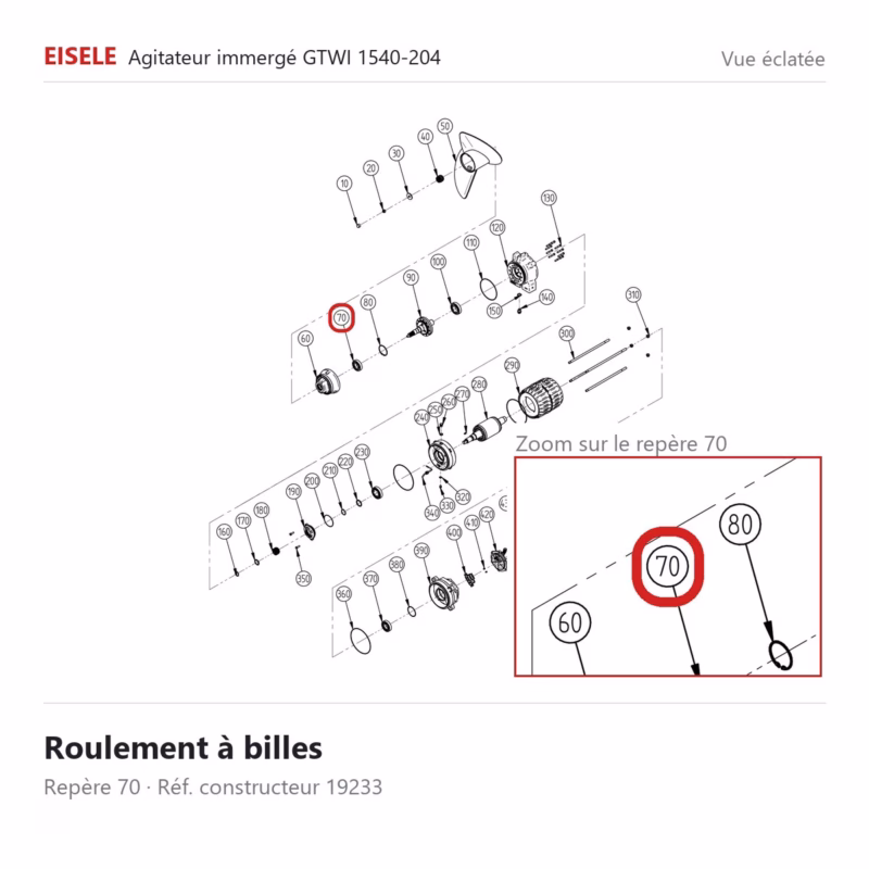 Roulement à billes Eisele Biogaz – 19233 Vue éclatée Eisele Biogaz – Roulement à billes Eisele Biogaz – 19233 (repère 70)