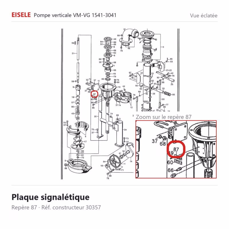 Vue éclatée Eisele Biogaz – Plaque signalétique Eisele Biogaz – 30357 (repère 87)