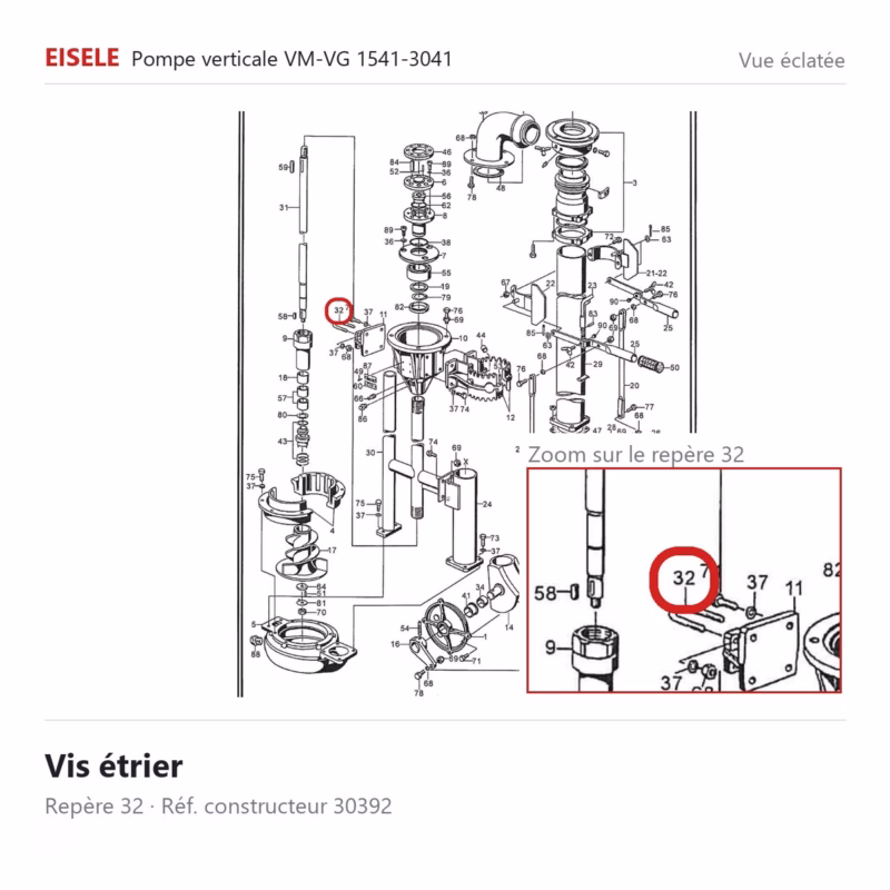Vis étrier Eisele Biogaz – 30392 Vue éclatée Eisele Biogaz – Vis étrier Eisele Biogaz – 30392 (repère 32)