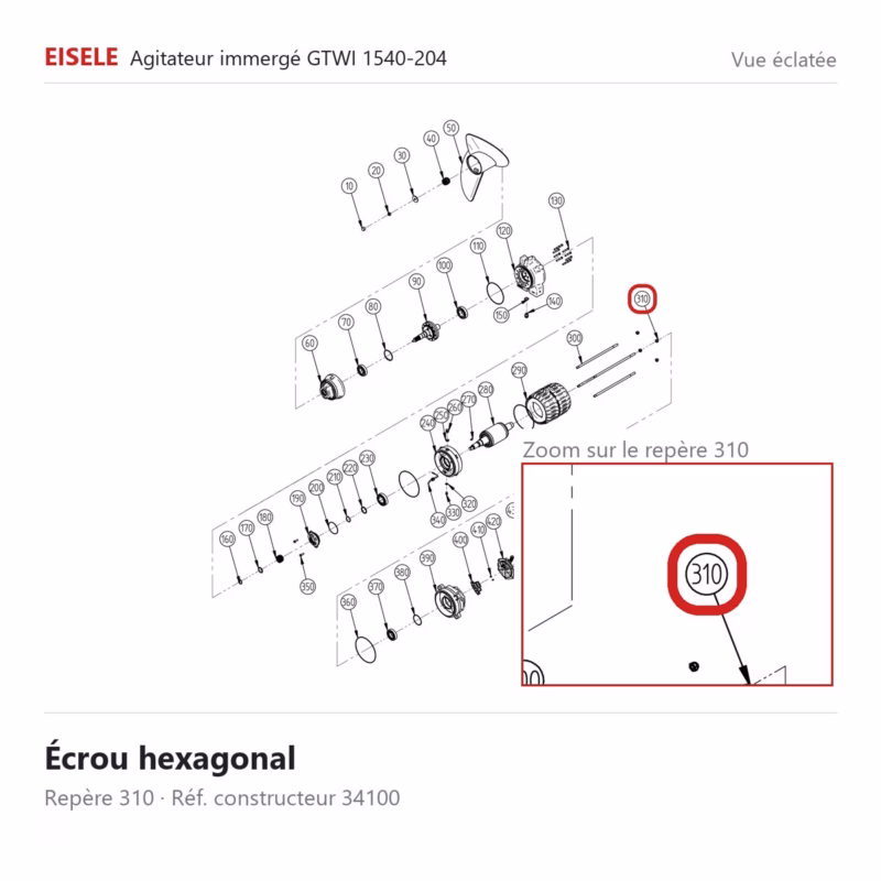 Écrou hexagonal Eisele Biogaz – 34100 Vue éclatée Eisele Biogaz – Écrou hexagonal Eisele Biogaz – 34100 (repère 310)