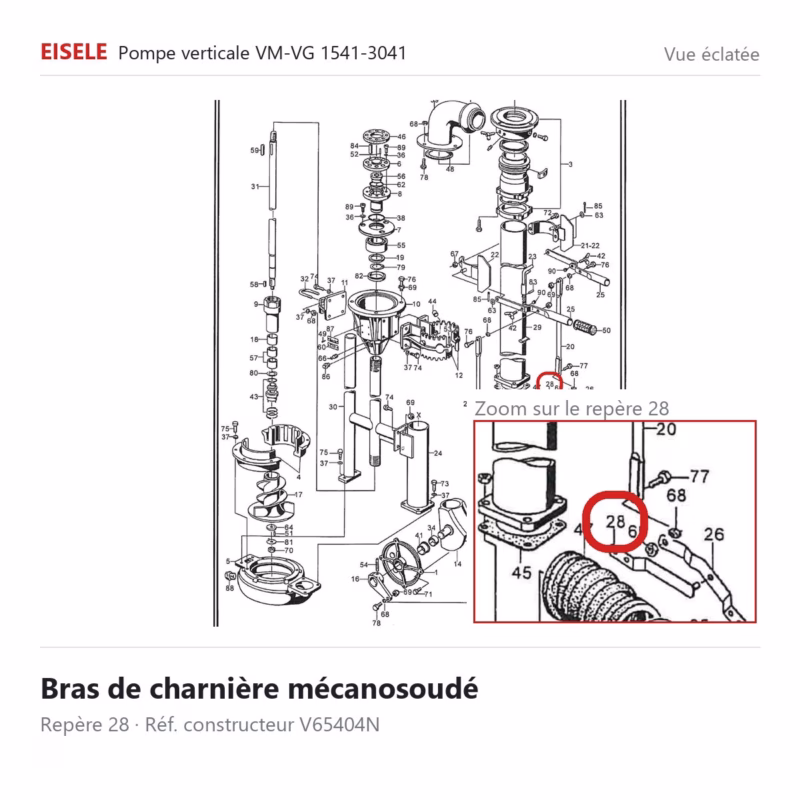 Vue éclatée Eisele Biogaz – Bras de charnière mécanosoudé Eisele Biogaz – V65404N (repère 28)