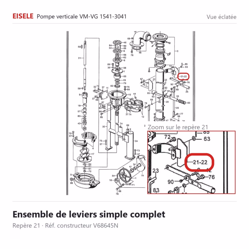 Vue éclatée Eisele Biogaz – Ensemble de leviers simple complet Eisele Biogaz – V68645N (repère 21)