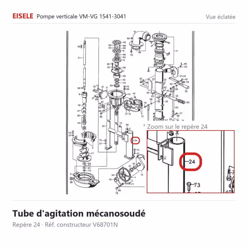 Vue éclatée Eisele Biogaz – Tube d'agitation mécanosoudé Eisele Biogaz – V68701N (repère 24)