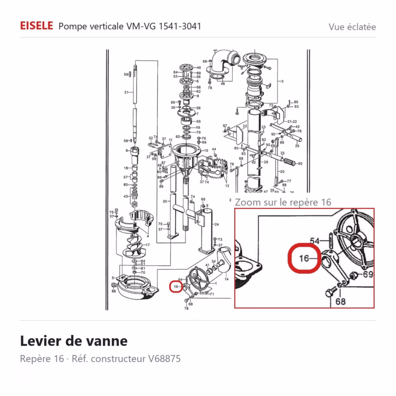 Levier de vanne Eisele Biogaz – V68875 Vue éclatée Eisele Biogaz – Levier de vanne Eisele Biogaz – V68875 (repère 16)