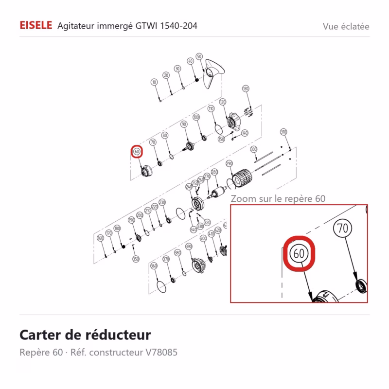 Vue éclatée Eisele Biogaz – Carter de réducteur Eisele Biogaz – V78085 (repère 60)